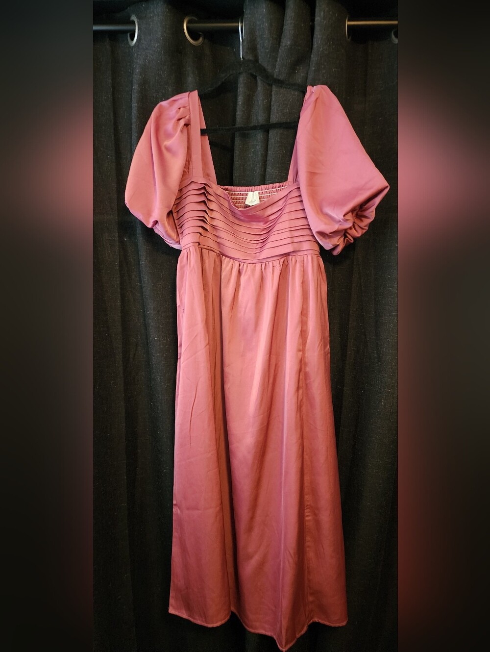 ELLOH Collection Ruched Pleated Matte Satin Puff Sleeve Dress "The Bianca"